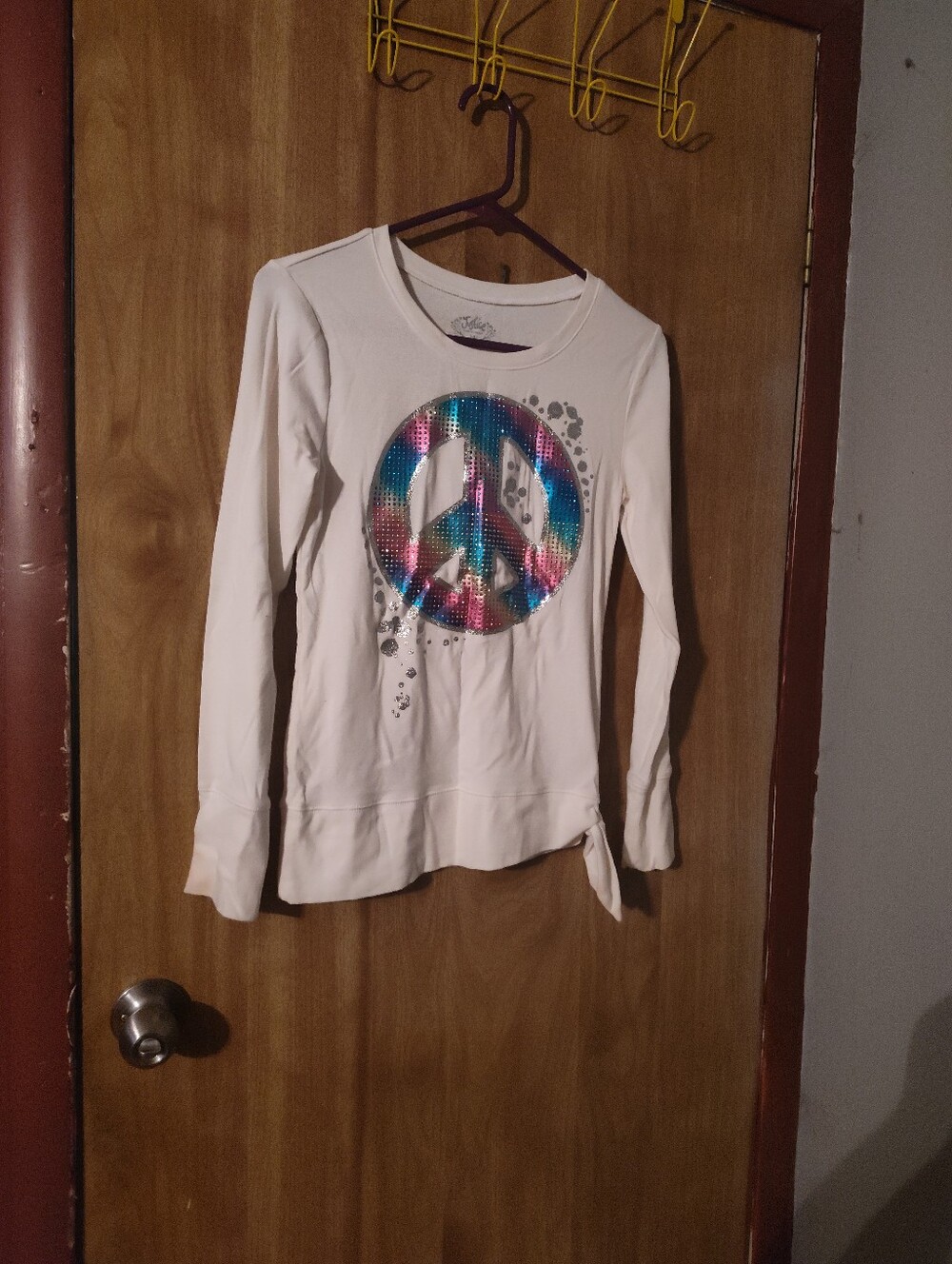 Justice White Long-Sleeve Top with Multicolor Sequin Peace Sign
